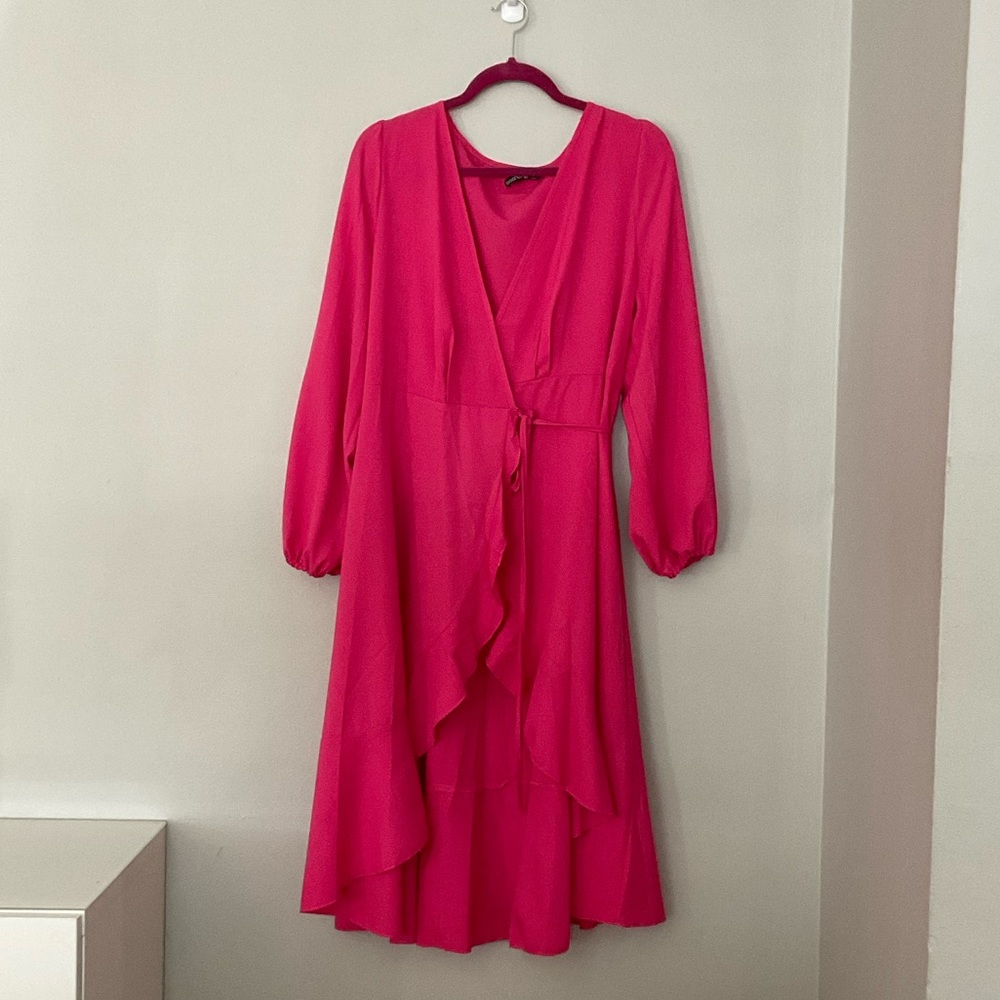 Boohoo flowy high low wrap dress.
